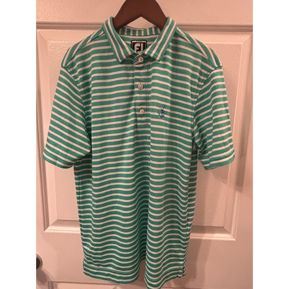 FootJoy Junior Golf Polo Shirt Green White Striped Short Sleeve Kids Large L